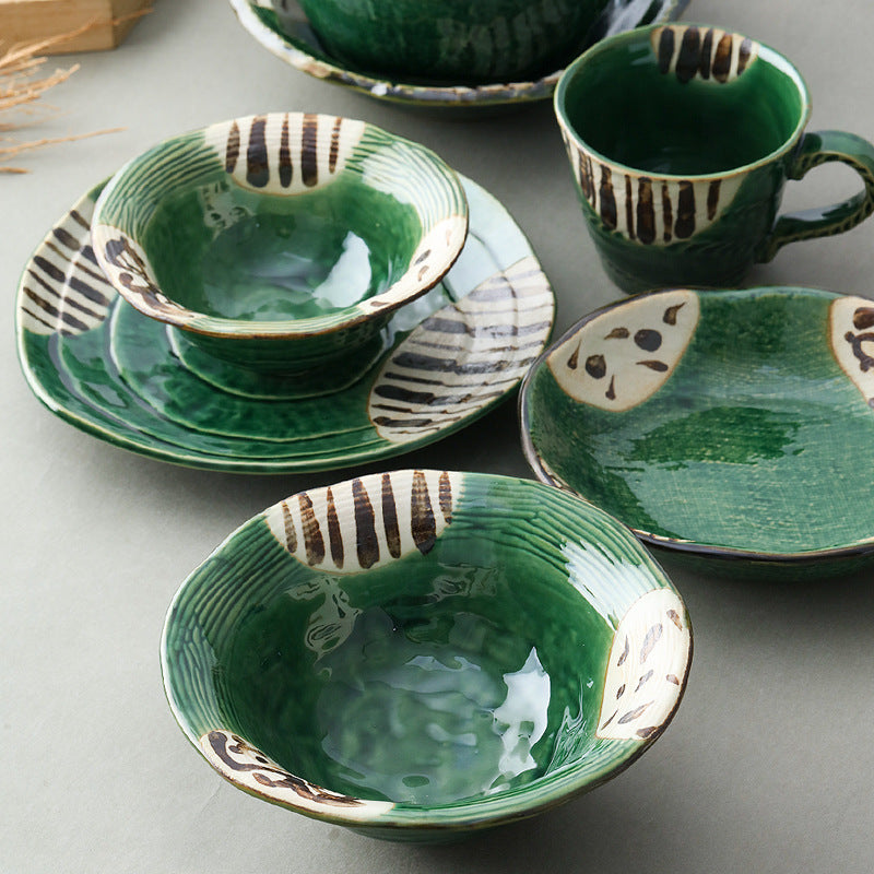Japanese Oribe Green Glazed Round Plates, 17 cm