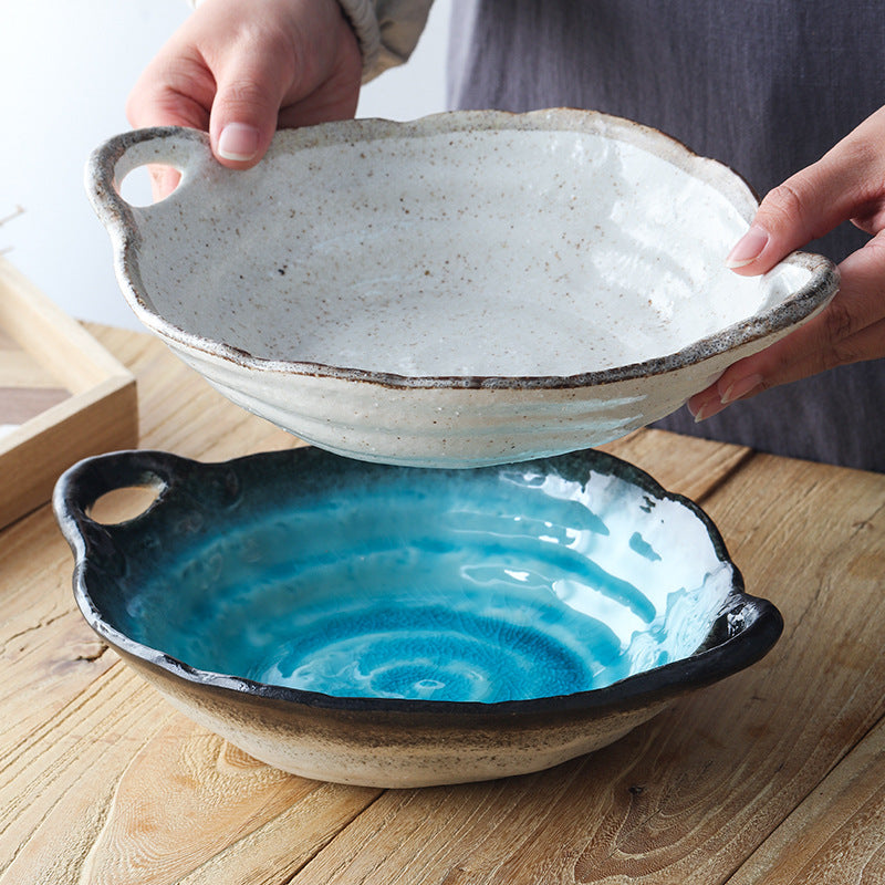Japanese Green Swirl Serving Bowl with Handles, 25 cm