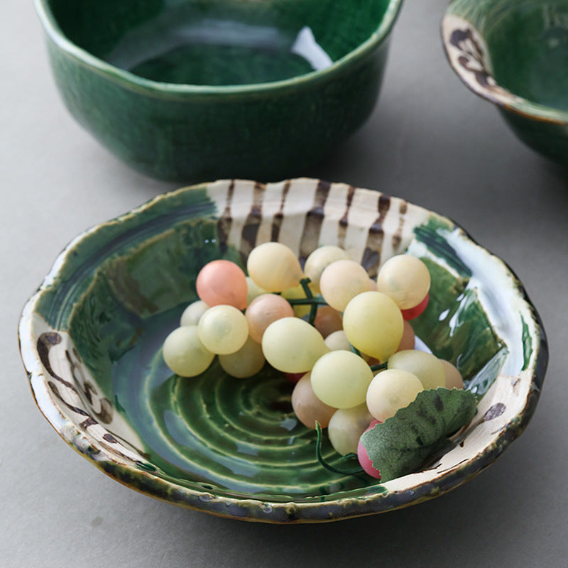 Japanese Oribe Green Glazed Round Plates, 17 cm