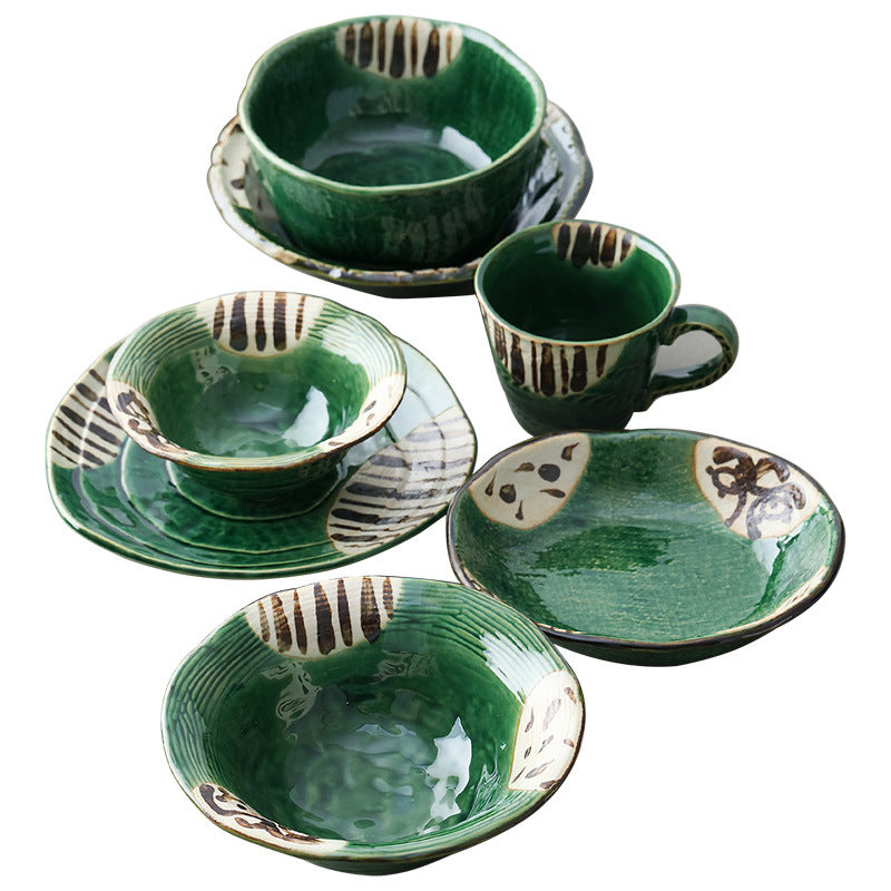 Japanese Oribe Green Glazed Round Plates, 17 cm