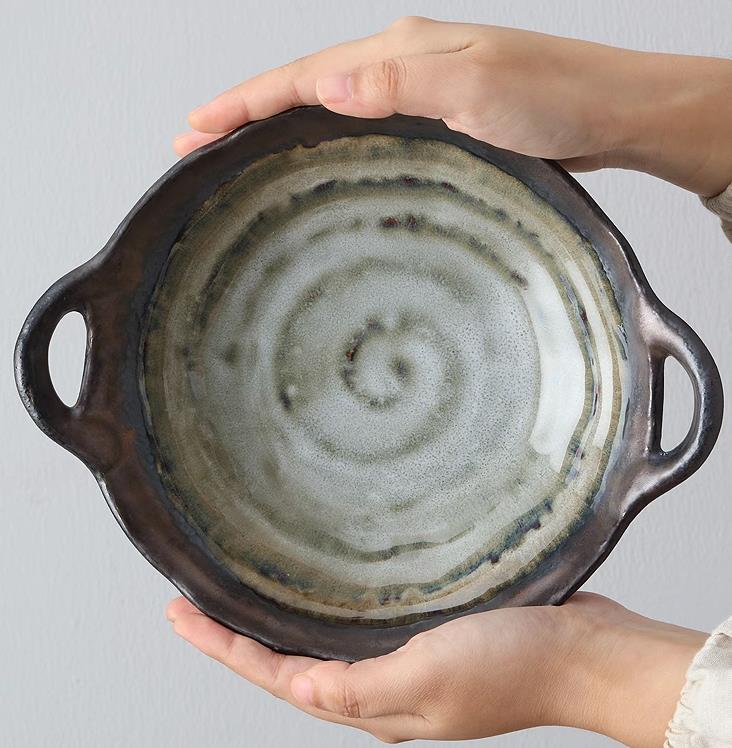 Japanese Green Swirl Serving Bowl with Handles, 25 cm
