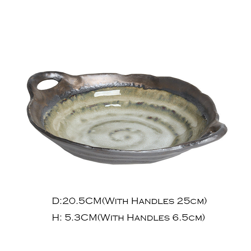 Japanese Green Swirl Serving Bowl with Handles, 25 cm