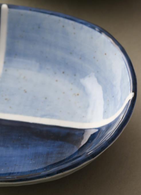 Japanese Indigo Blue Striped Oval Plate, 20 cm