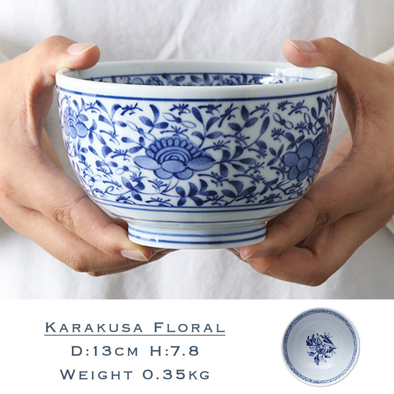 Sometsuke Small Blue Arabesque Pattern Japanese Rice Bowl, 13 cm