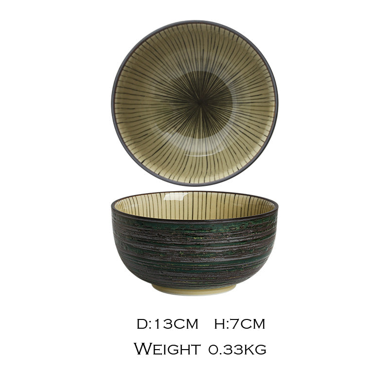 Small Green Striped Japanese Rice Bowl, 13 cm