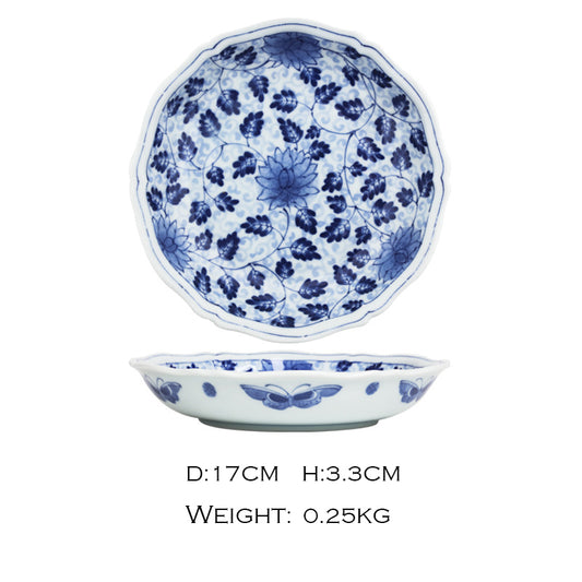 Regular Japanese Blue and White Flower-shaped Plate, 17 cm (Blue Arabesque Pattern)