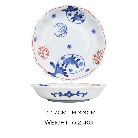 Regular Japanese Blue and White Flower-shaped Plate, 17 cm (Rabbit Pattern)