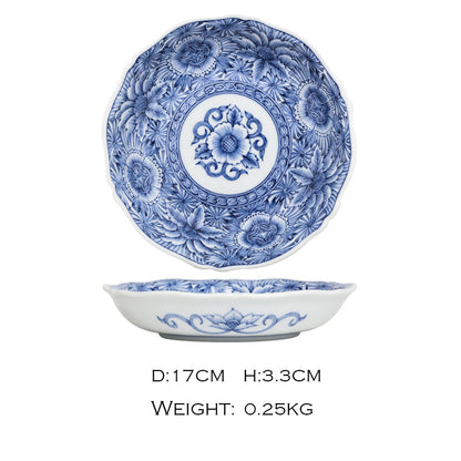 Regular Japanese Blue and White Flower-shaped Plate, 17 cm (Peony Pattern)