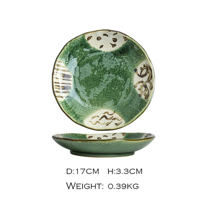 Japanese Oribe Green Glazed Round Plates, 17 cm