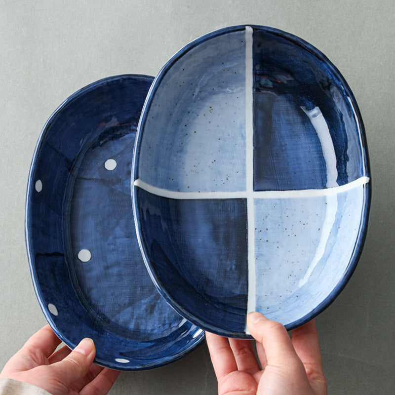 Japanese Indigo Blue Striped Oval Plate, 20 cm